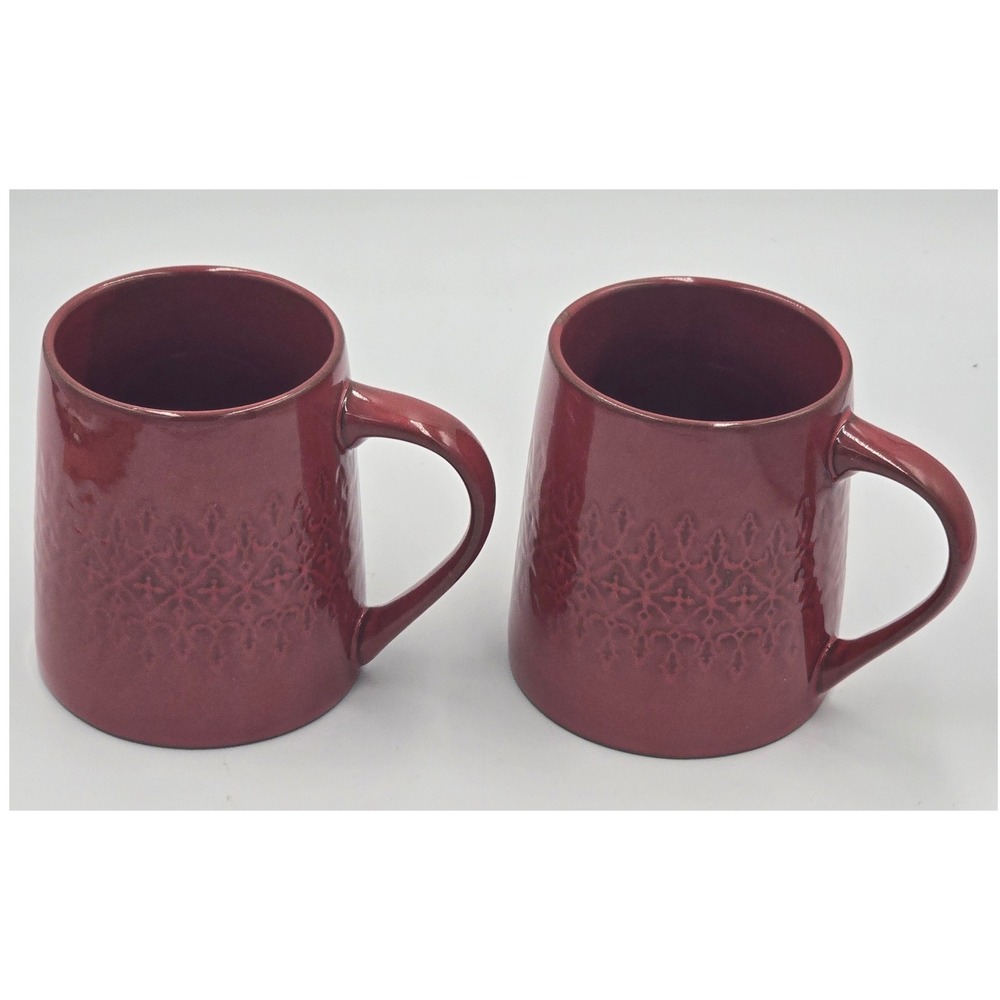 Hearth & Hand Magnolia Red Etched Lace Stoneware Mugs - Pair of 2 Burgundy 16oz